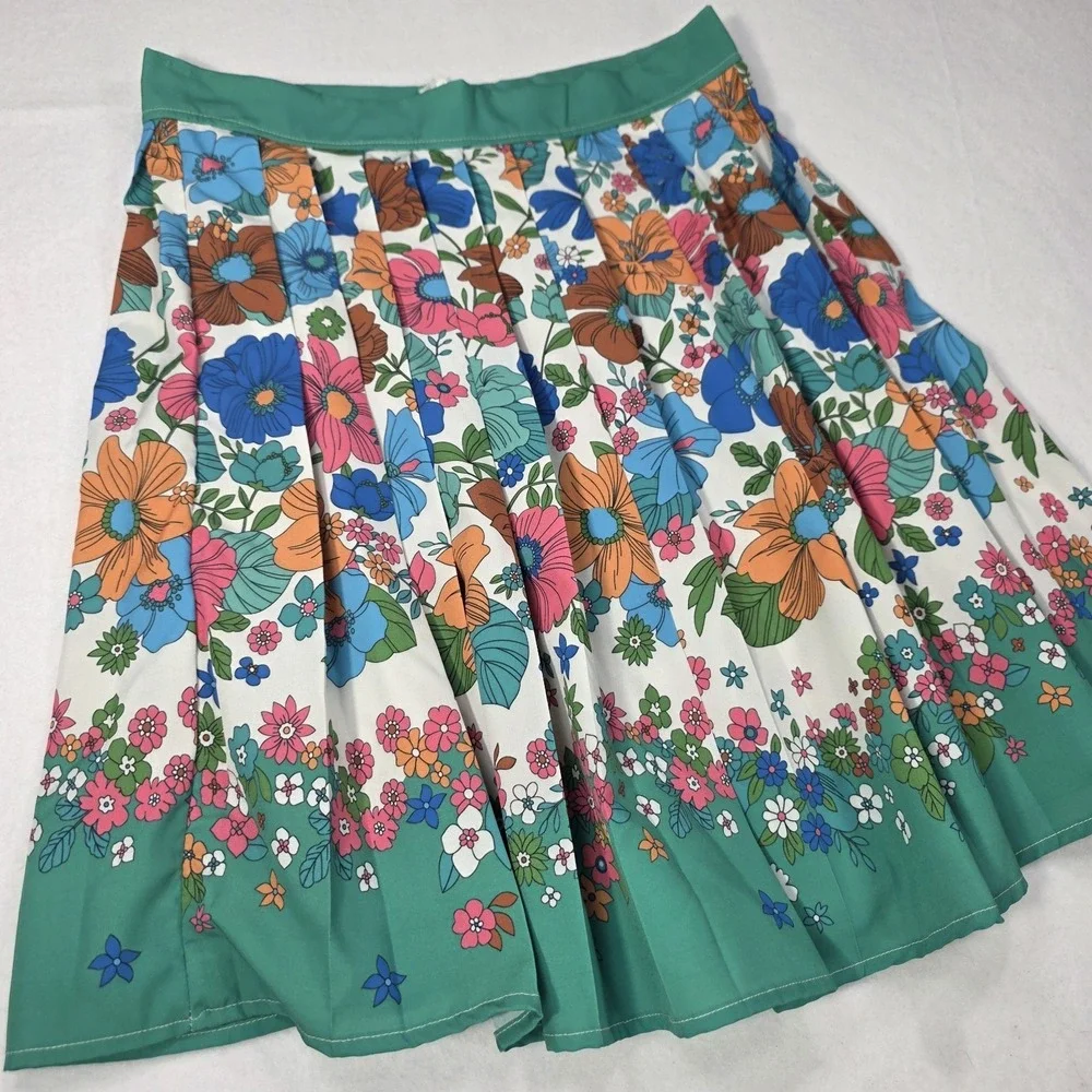 Retro 60's 70's Style Pleated Floral Border Skirt‎ Mod Flower Power Midi Skirt L